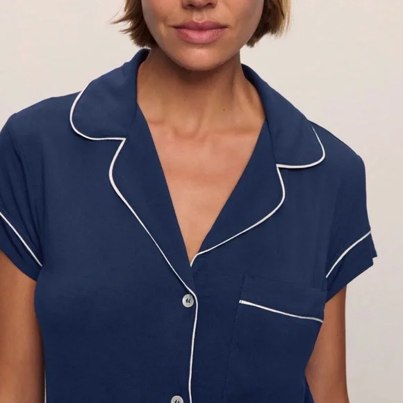 Eberjey Gisele Tencel Modal Shortie PJ Pajamas Set In Navy Ivory Medium - Picture 2 of 5